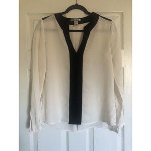Mango Suit Blouse‎ M Sheer White & Black Top Tunic Button Up Collar Long Sleeve